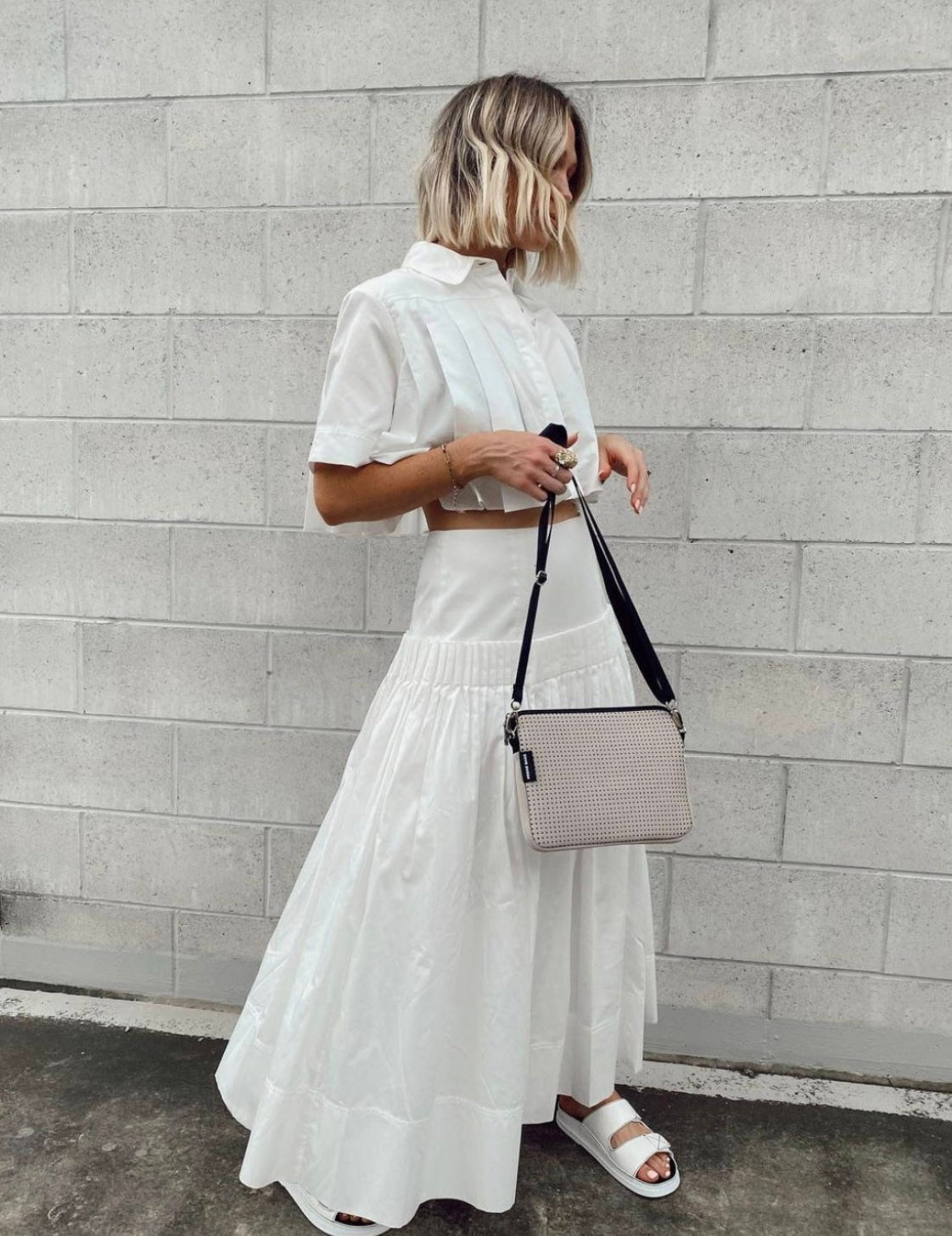Aje Savoy Pleated Cotton Midi Skirt and Cropped Shirt